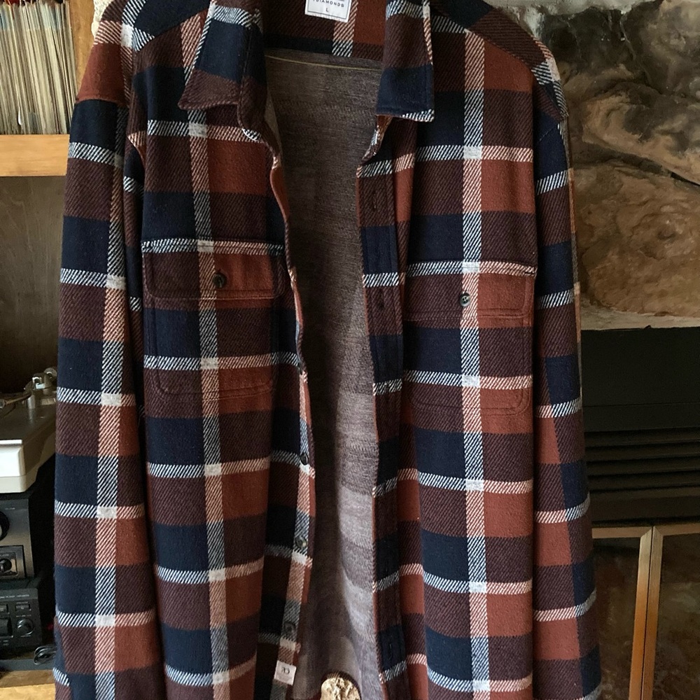 7 Diamonds 4-way stretch poly flannel shirt jacket men’s Large burgundy navy